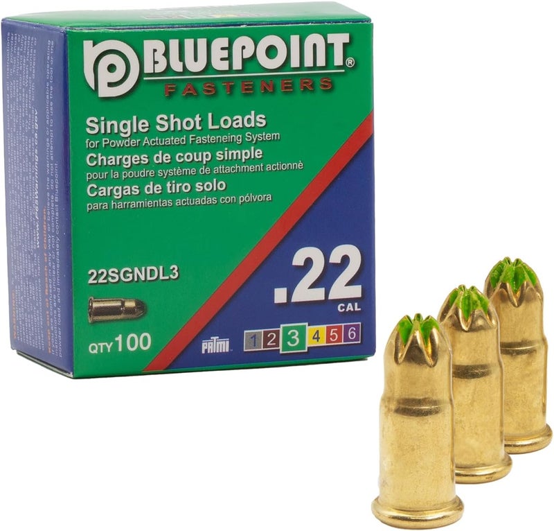 Bluepoint .22 Cal GREEN Neck Down Single Shot Powder Load for Powder Actuated Fastening System, (100 - Count). Item# 22SGNDL3 - Image 1